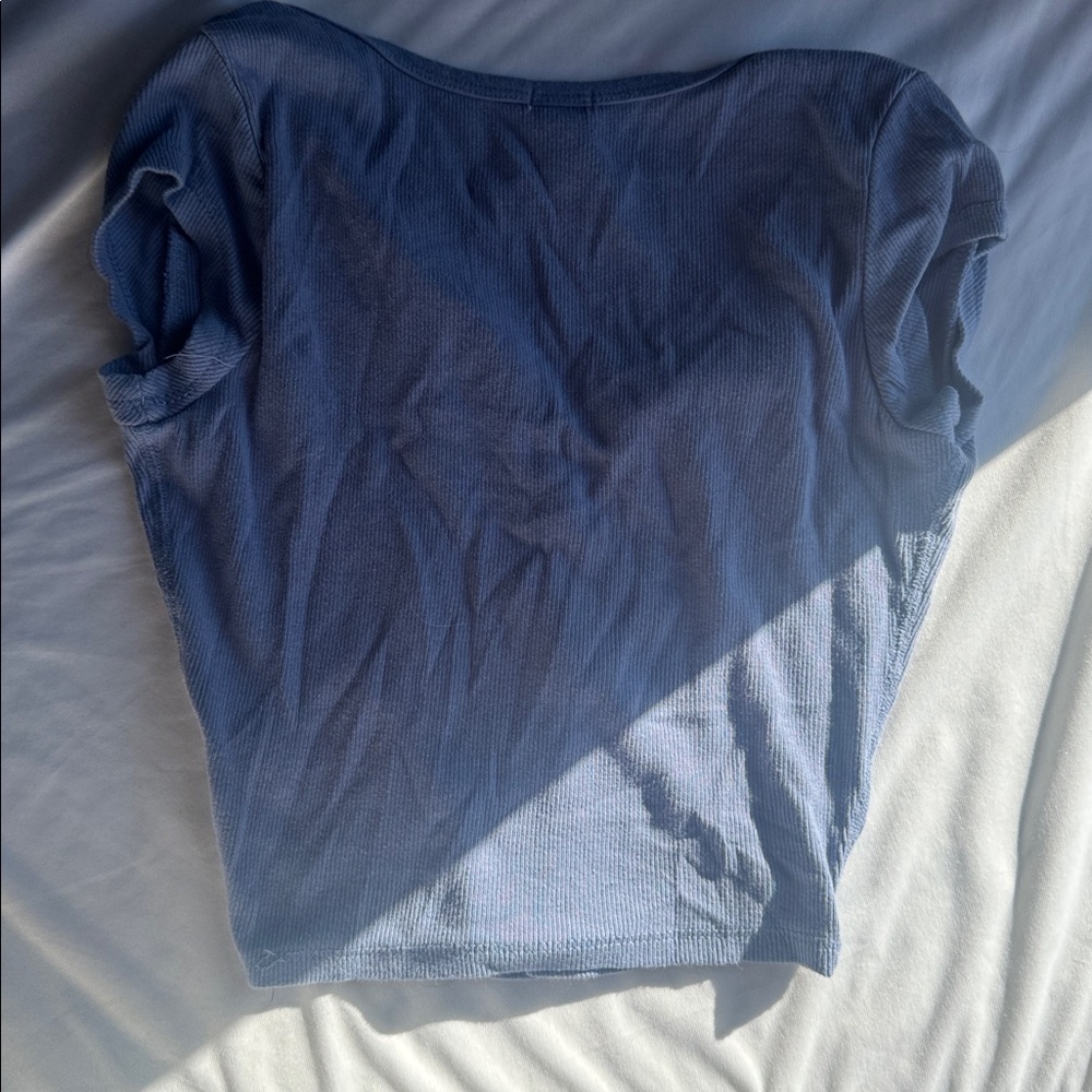 Ribbed Deep V Snap Henley Top - Blue - Picture 4 of 4